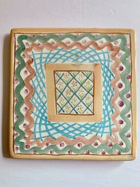 Vintage MacKenzie-Childs Hand-Painted Trivet | 5.75” Square | Cork Back